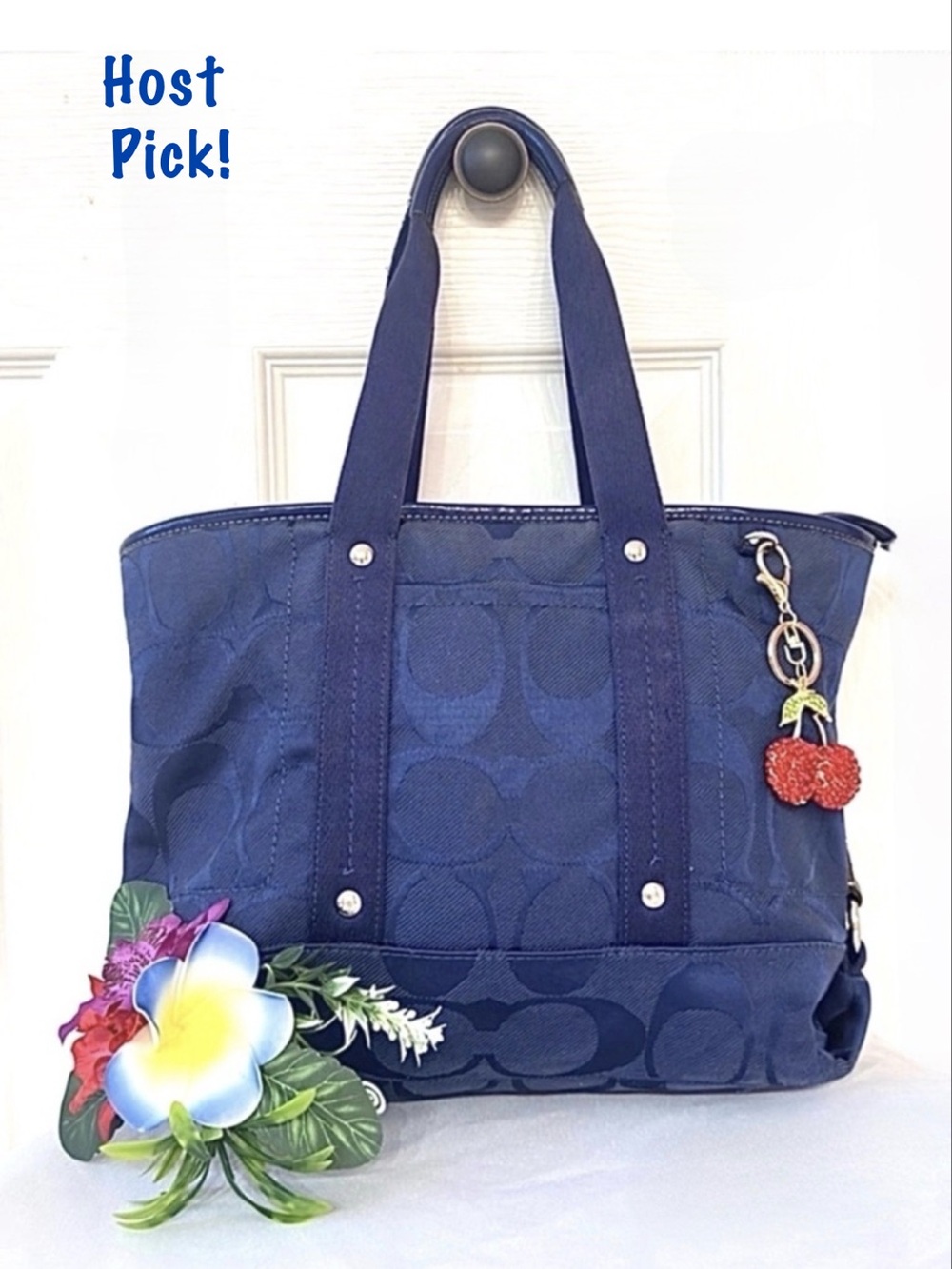 COACH ~ Navy Canvas Monogram Tote Bag with Cherry Charm and Patent Accents